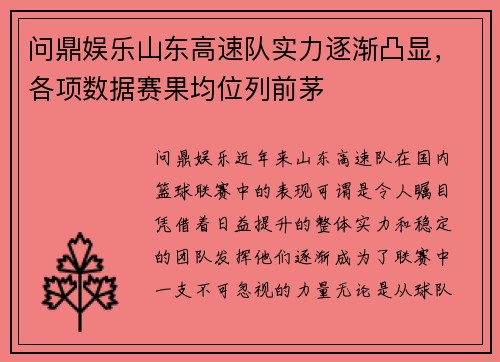 问鼎娱乐山东高速队实力逐渐凸显，各项数据赛果均位列前茅