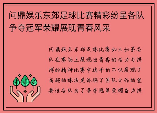 问鼎娱乐东郊足球比赛精彩纷呈各队争夺冠军荣耀展现青春风采