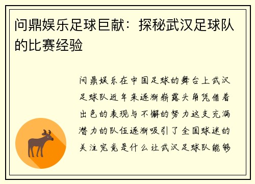 问鼎娱乐足球巨献：探秘武汉足球队的比赛经验